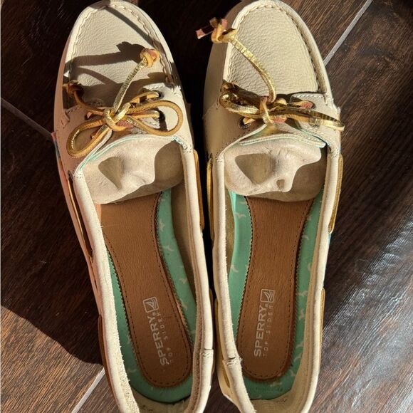 Sperry Top-Sider Angelfish Boat Shoes Beige Leather Gold Laces NWT SZ 8.5 - Picture 6 of 13